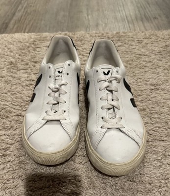 Veja White Black Logo Leather Lace-Up Low Top Women Casual Sneakers Shoe Size 8