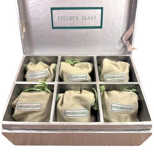 VTG Steuben Crystal Shot Glass Set 6 Boxed 718 Fifth Ave1940s Heavy Bottom