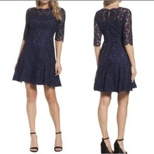 New Eliza J Quarter Length Sleeve Lace Fit Flare Dress Sz 12 Navy Blue Formal