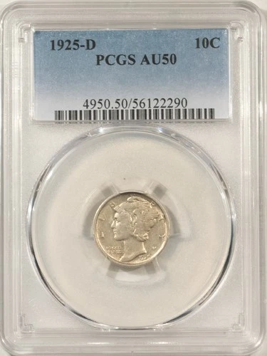1925-D MERCURY DIME - PCGS AU-50, ORIGINAL LUSTER!