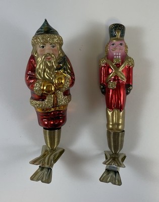 Vintage KREBS Glas Lauscha Germany Nutcracker & Santa Hand Blown Clip Ornaments