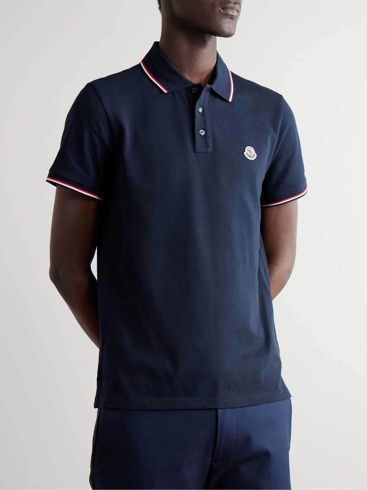 Moncler Men's Navy Blue Cotton Short Sleeve Polo Shirt with Logo Patch - Size Small-image