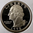 1998 S Washington 25c Quarter Proof 90% Silver Gem Deep Cameo US Coin American