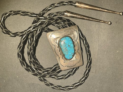 Jumbo Vintage Navajo Bennett Sterling Silver Shadowbox Bolo Tie Turquoise