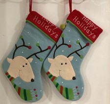 Happy Holiday Reindeer Felt Christmas Stockings 17" Set Of 2 Identical Stockings