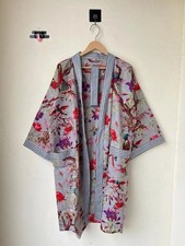Indian Gray Bird Cotton Robes Long Kimono Sleepwear Night Suit Kimono Robes US