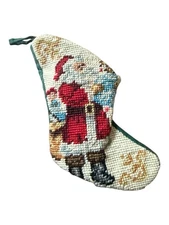 Needlepoint Santa Christmas Ornament Mini Stocking Farmhouse Retro Country Vtg