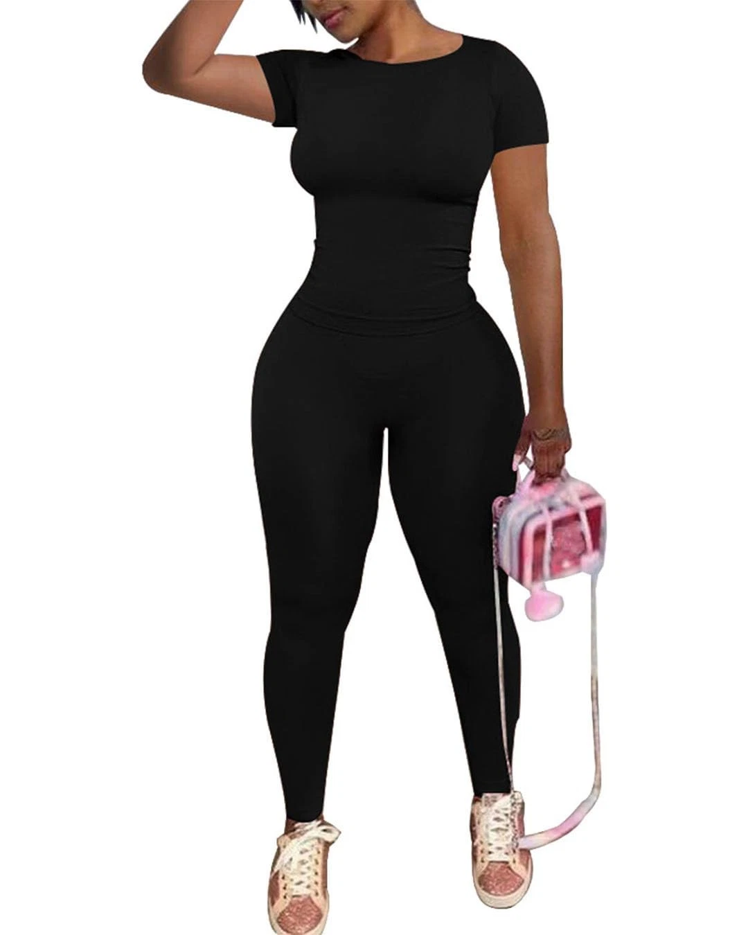 2 Piece Sets for Women Summer Workout Sets Short Sleeve Top Jogger Legging Pa...