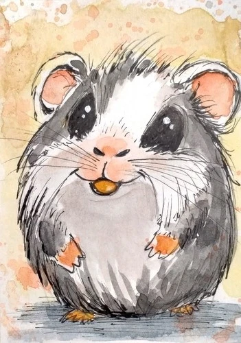 ACEO funny  original painting hamster, watercolor,ink  cute , 2.5 x 3.5