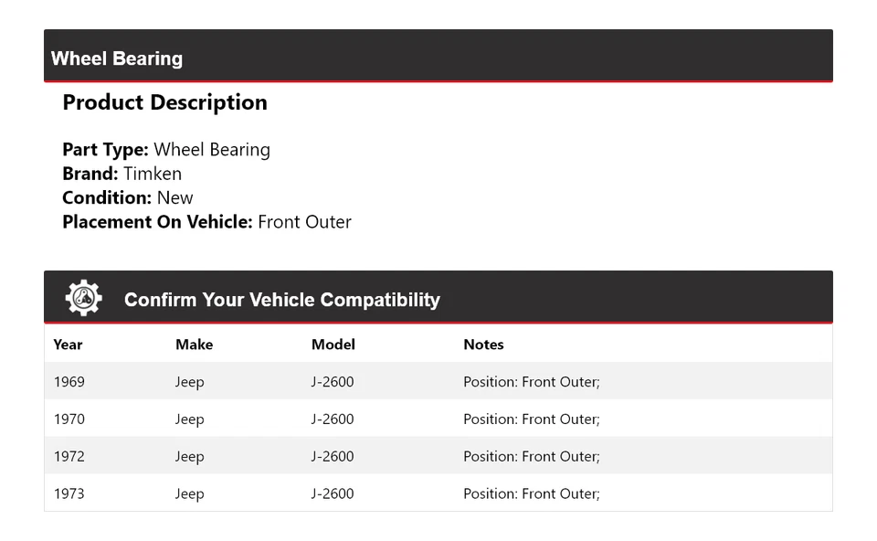 For 1969-1970, 1972-1973 Jeep J-2600 Wheel Bearing Front Outer Timken - Image 2 of 4
