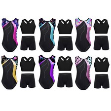 Girls Sparkly Leotard Biketards with Crop Tops Shorts Tumbling Workout Outfits
