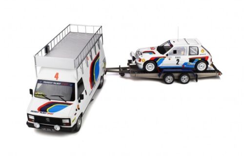 SET PEUGEOT 205 T16 Rallye Monte 1985 + Bus Van J5 + Trailer OT328 Otto 1:18