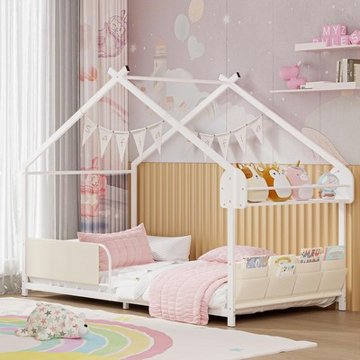 Frames Metal Floor Bed with Storage Rack and Caddy Twin Bed Frame for Kids