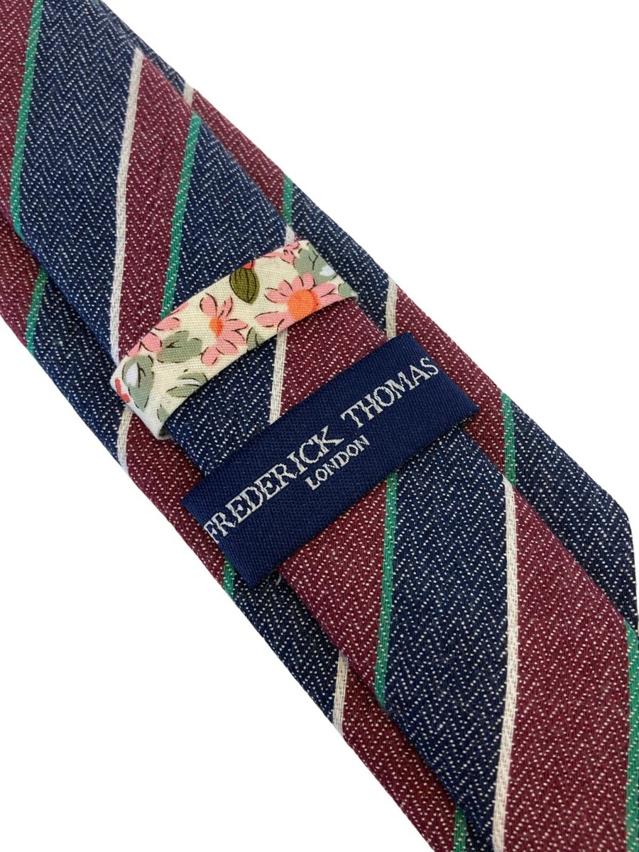 Cravate Designer FREDERICK THOMAS - Rouge Et Bleu Marine Rayée - Lin Classique - Faite Main Au Royaume-Uni - Neuf Avec étiquettes