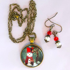 SNOWMAN pendant French hook Earrings NECKLACE Bronze SM28