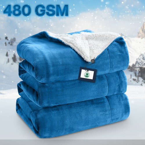 480 GSM Heavy Sherpa Fleece Blanket Soft Warm Sofa Bed Throw Faux Fur Blanket UK - Picture 11 of 132