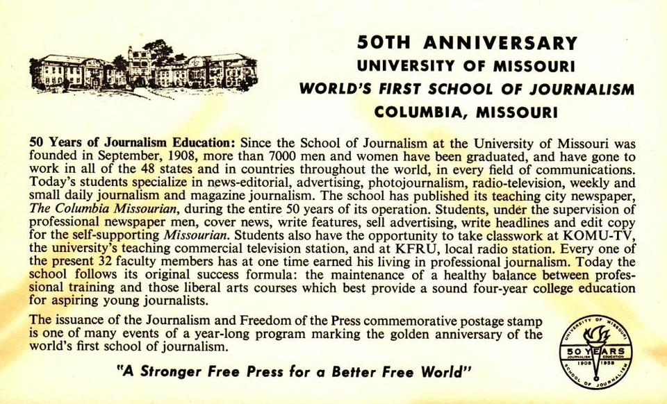 1958 Freedom of Press Sc 1119-15 Univ Missouri Journalism 1st cachet - Image 2 of 2