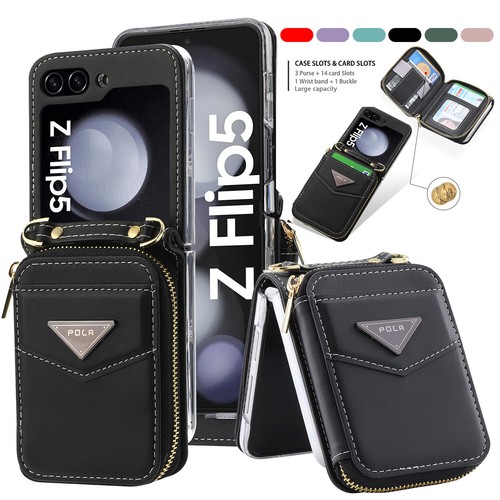 Zipper Wallet Leather Case For Samsung Galaxy Z Flip 6 Flip 5 Flip 4 Flip3 Strap - Picture 16 of 92