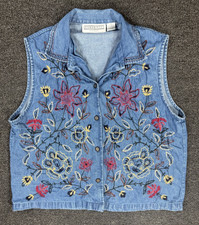 Y2K Embroidered Denim Vest Floral Boho Western Indie Button Front Top