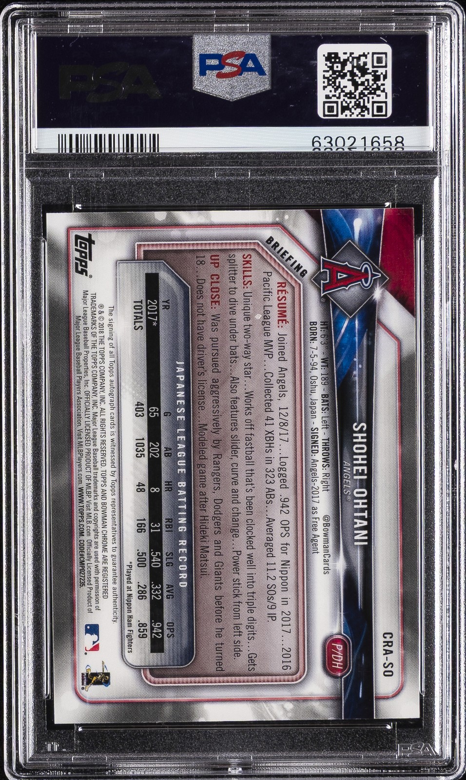 2018 BOWMAN ROOKIE AUTOS CHROME #SO SHOHEI OHTANI ROOKIE RC PSA 8 AUTO 10 view 2