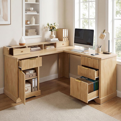 L-Shaped Fluted Office Desk with USB Charging Station