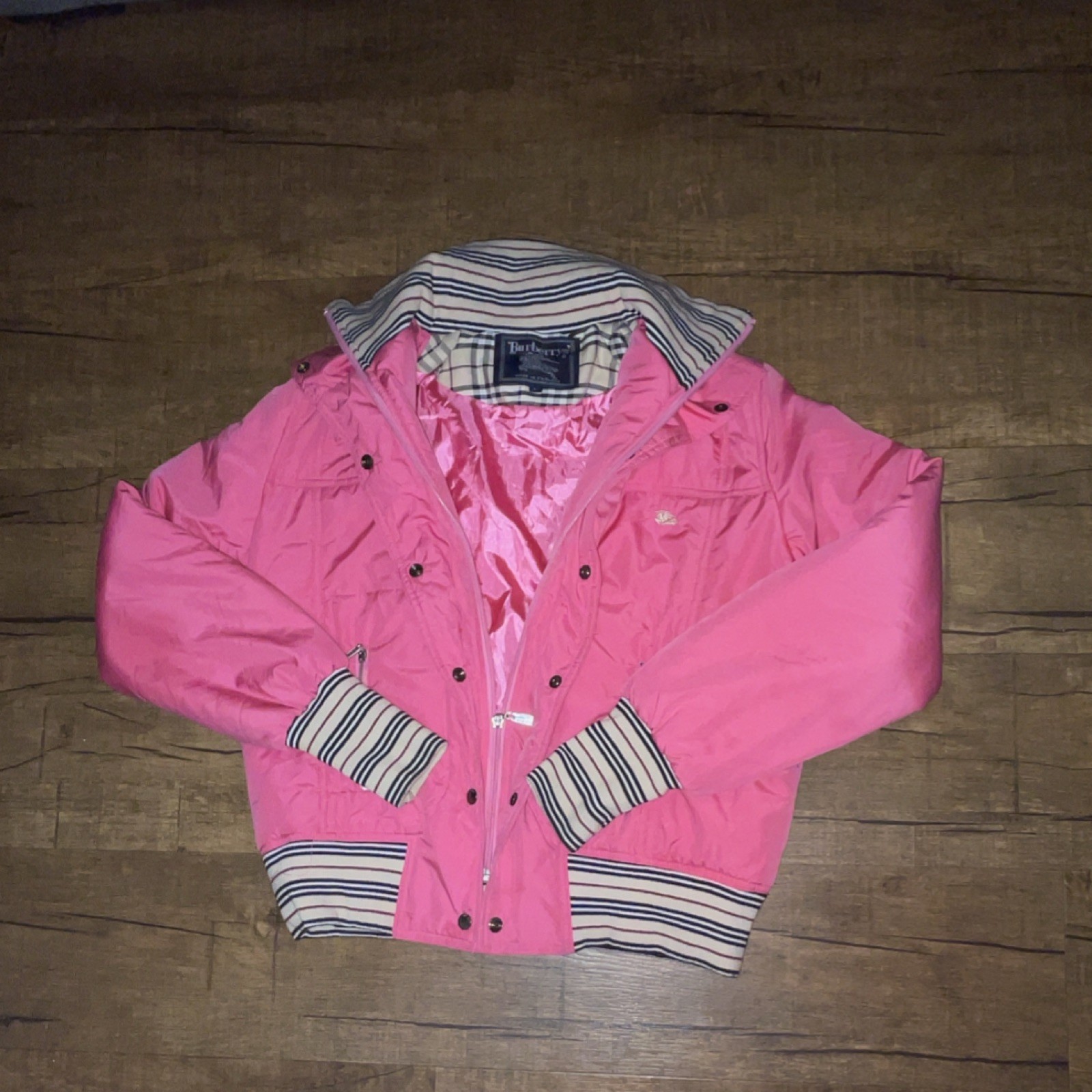 Burberrys Pink Striped Trim Button Basic Jacket G… - image 1