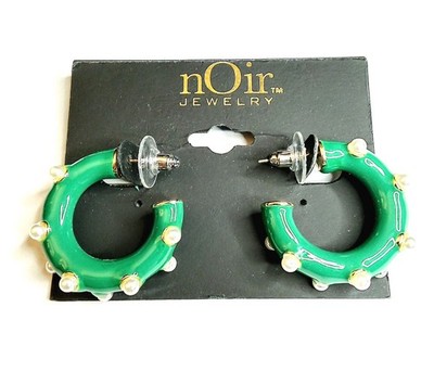 Noir Jewelry Green Enamel With Faux Pearls Hoop Earrings New.