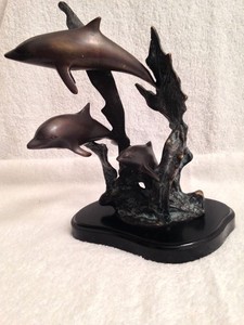 Three Dolphins Swimming Vintage Brass 9” Statue