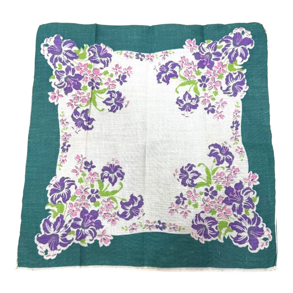 Pañuelo Floral Vintage Algodón Cuadrado 11.75" Púrpura Rosa Verde Fresia Foto 3 de 4
