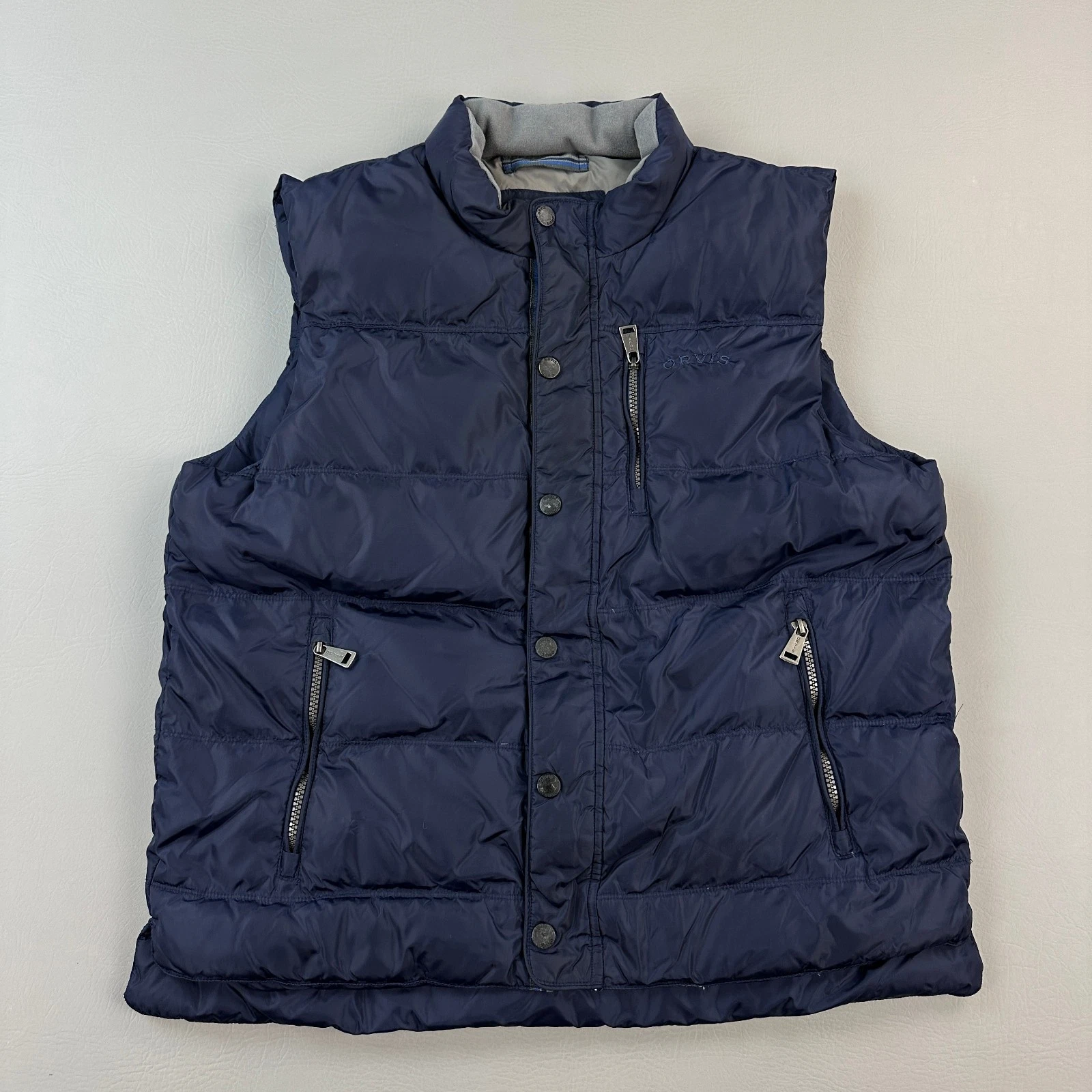 Orvis Essex Vest Mens Large Navy Full Zip Snap Duck Down Quilted Puffer Outdoor