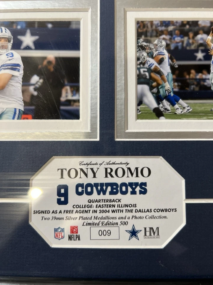 Moneda de plata Tony Romo Dallas Cowboys edición limitada Highland Mint marco foto Foto 4 de 4