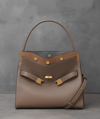 NEW Tory Burch Lee Radziwill Double Clam Shell Taupe Leather Small