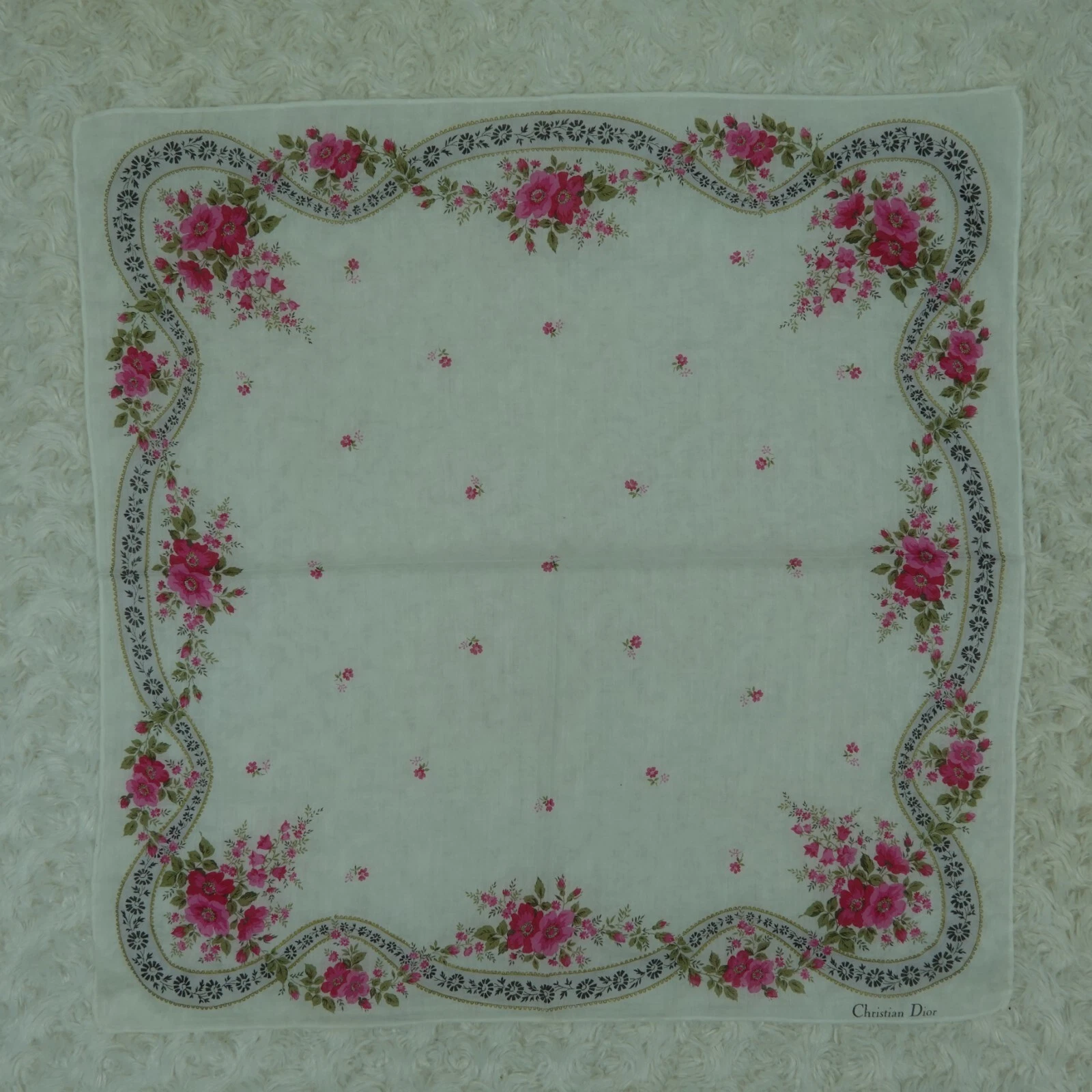 N379 Foulard foulard coton blanc fleur CRISTIAN DIOR poche carré 18