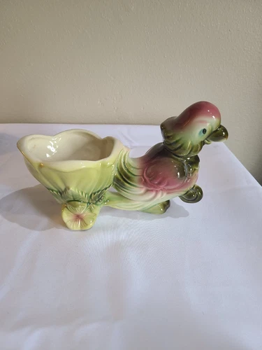VTG Hull Pottery 60 USA 9.5" Parrot Bird Pulling Floral Flower Cart Planter Vase
