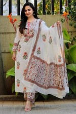 Indian Ethnic Wear; Women White Pure Cotton Printed Kurta Trousers and dupatta