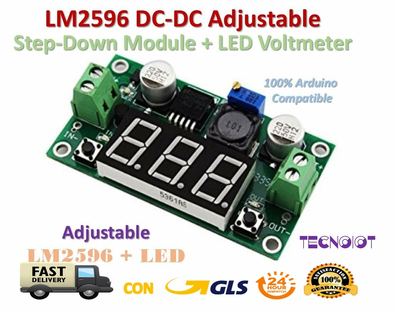 TECNOIOT LM2596 DC-DC Adjustable Step-Down Power Module + LED Voltmeter (D1g)