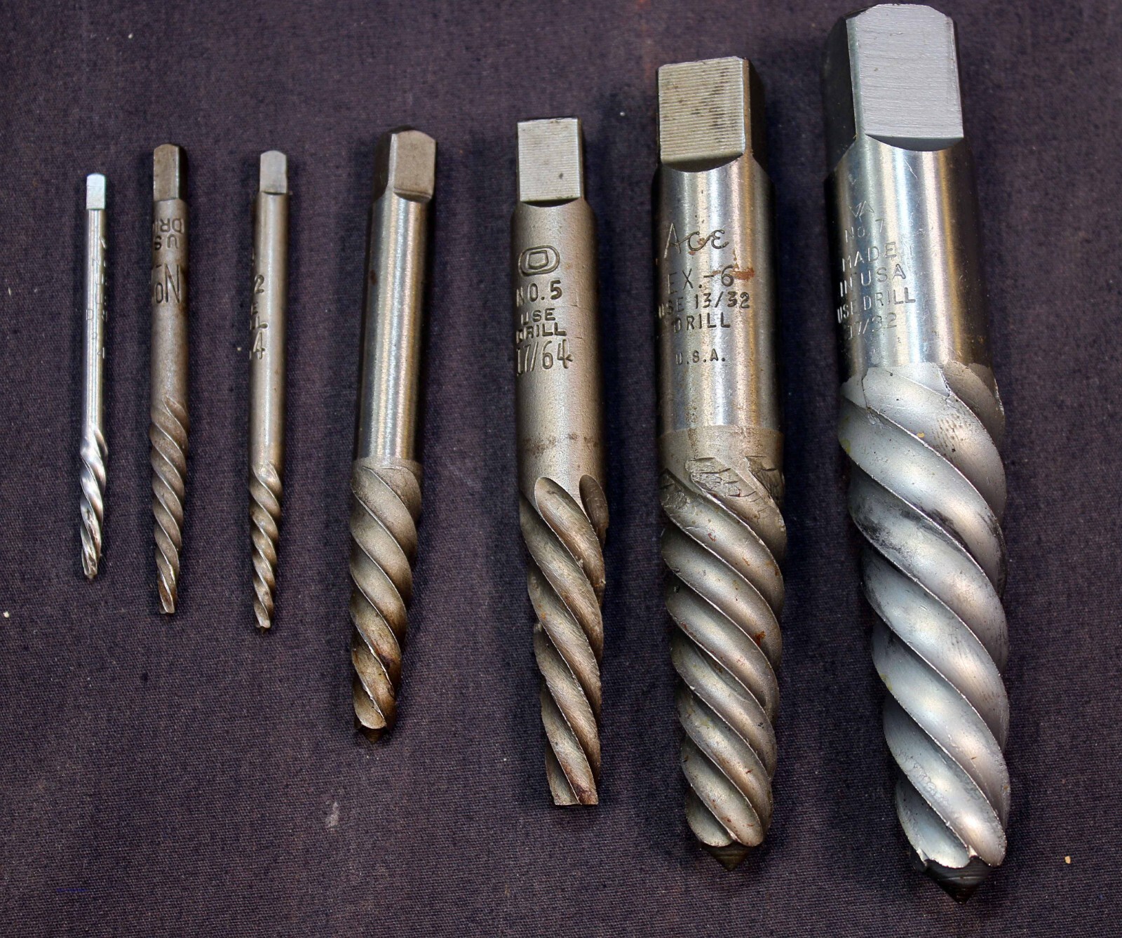 7 Screw Extractors Made in USA No. 7 No. 6 No. 5 No. 4 No. 2 No. 1 Ace ...