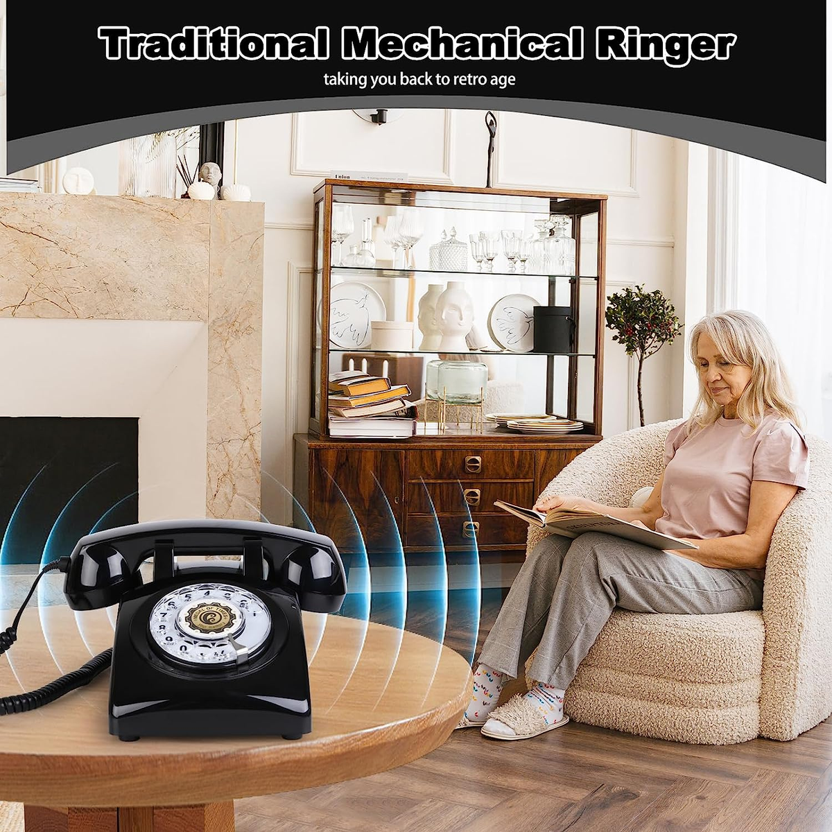 Stile anni '1960 retro vintage Antique Style Rotary Dial Desk Telephone, vecchio stile classico con filo telefono fisso per casa e ufficio decorazione classic black