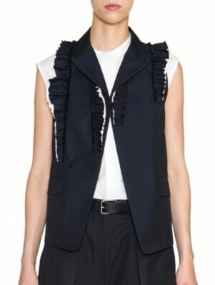 Jil Sander Ruffles Black Vest Tops Woman 100% Wool Silk Size 38 Rare