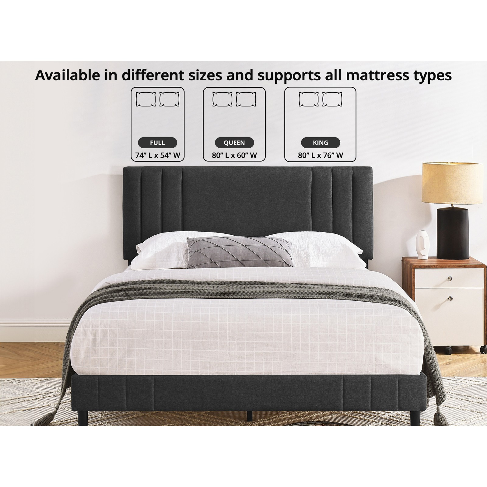 DeCoro Chicago Modern Tufted Upholstered Platform Full Size Bed Frame, Dark Grey