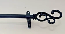 5/8 inch Single Black Metal Drapery Curtain Rod Set with Plastic Scroll Finials