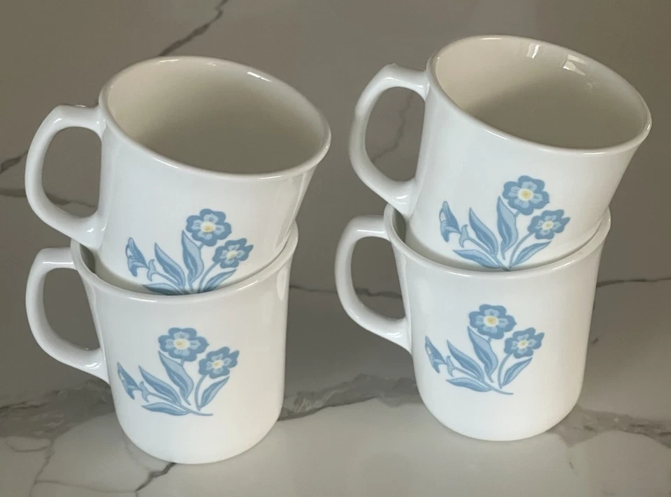 Vintage Corning Ware Blue Cornflower Milk Glass Coffee Mugs Set of 4 USA - image 1 of 4