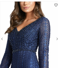 MAC DUGGAL 20271 EMBROIDERED LONG SLEEVE V-NECK TRUMPET MIDNIGHT NAVY GOWN sz 14
