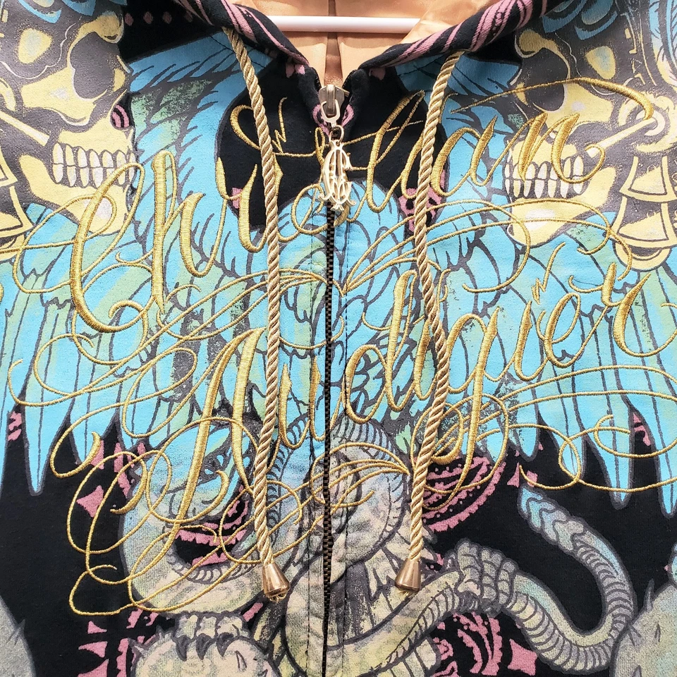 De Colección Y2K Christian Audigier Sudadera con Capucha Para Hombres Grande AOP Paisley Acentos Dorados Foto 4 de 4