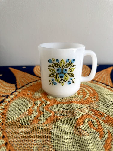 Vintage Milk Glass Mug w/ Blue and Green Floral/Berry Design.
