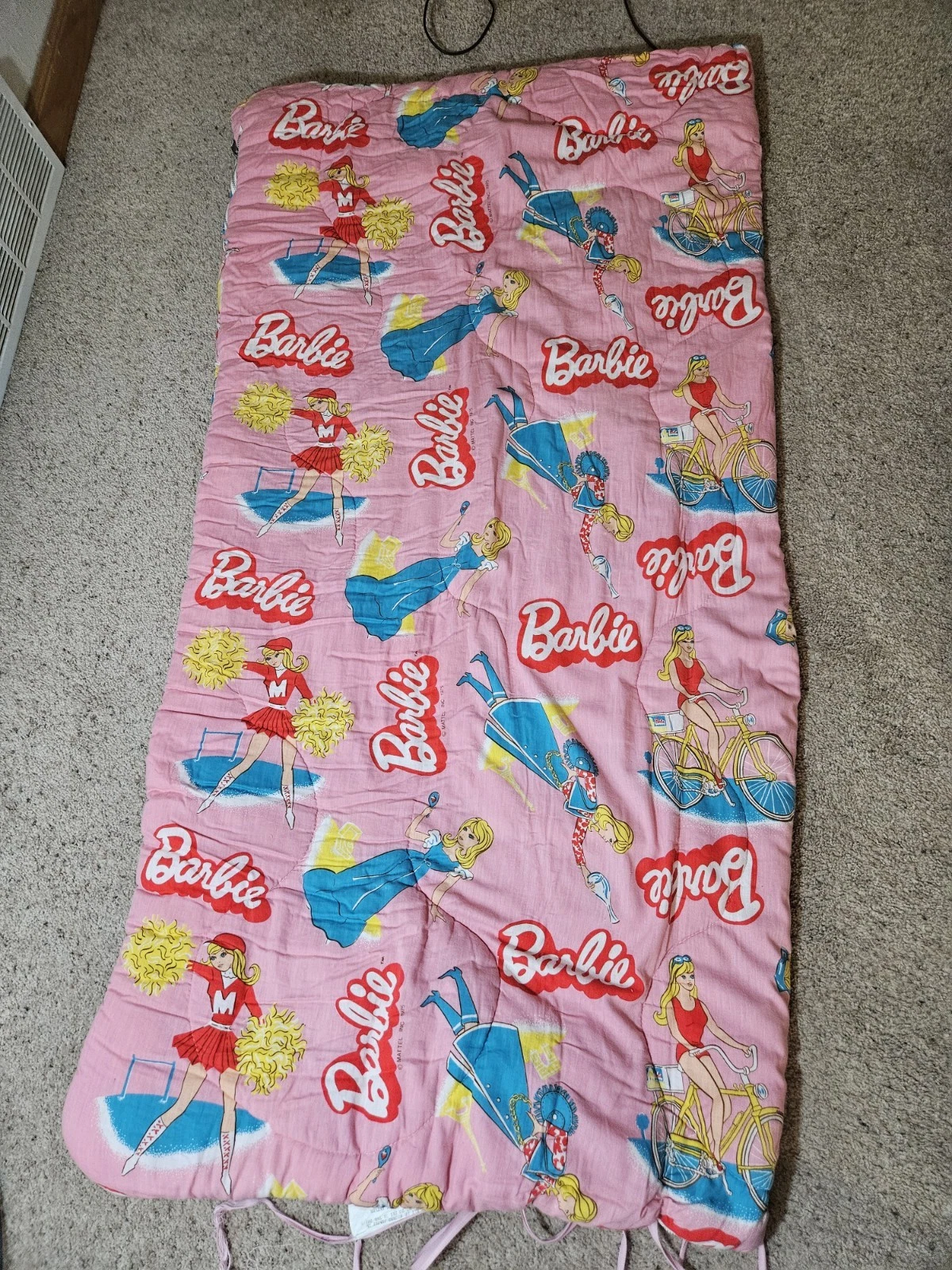 Rare Vintage Barbie Pink Sleeping Bag 1975 Mattel Bicycle Cheerleader Ball Gown