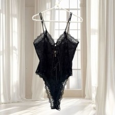 VTG Victoria  s Secret Gold Label Black Nylon Lace Bodysuit Size S