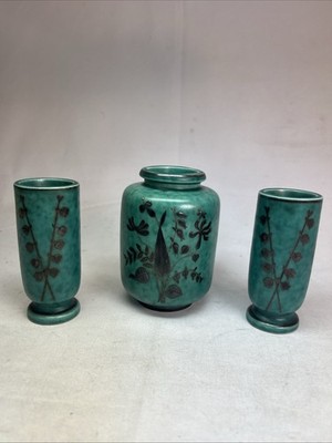 Gustavsberg Argenta Sweden Wilhelm Kåge Vases Floral Silver MCM Set Of 3