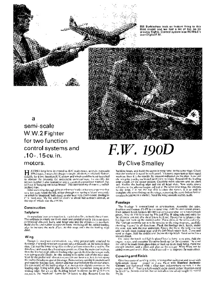 Model Airplane Plans (RC): Focke-Wulf 190D 34" Semi-Scale for .10-.15 Engines - Image 2 of 2