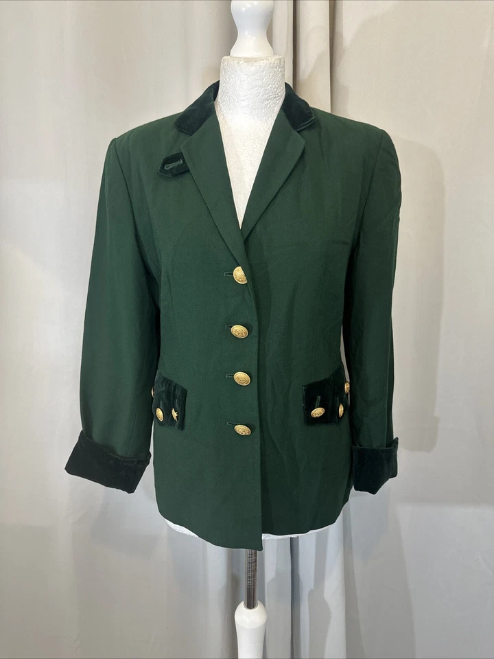 Mondi Green Velvet Trim Vintage Gold Crest Buttons Military Jacket M K60 - Image 2 of 4